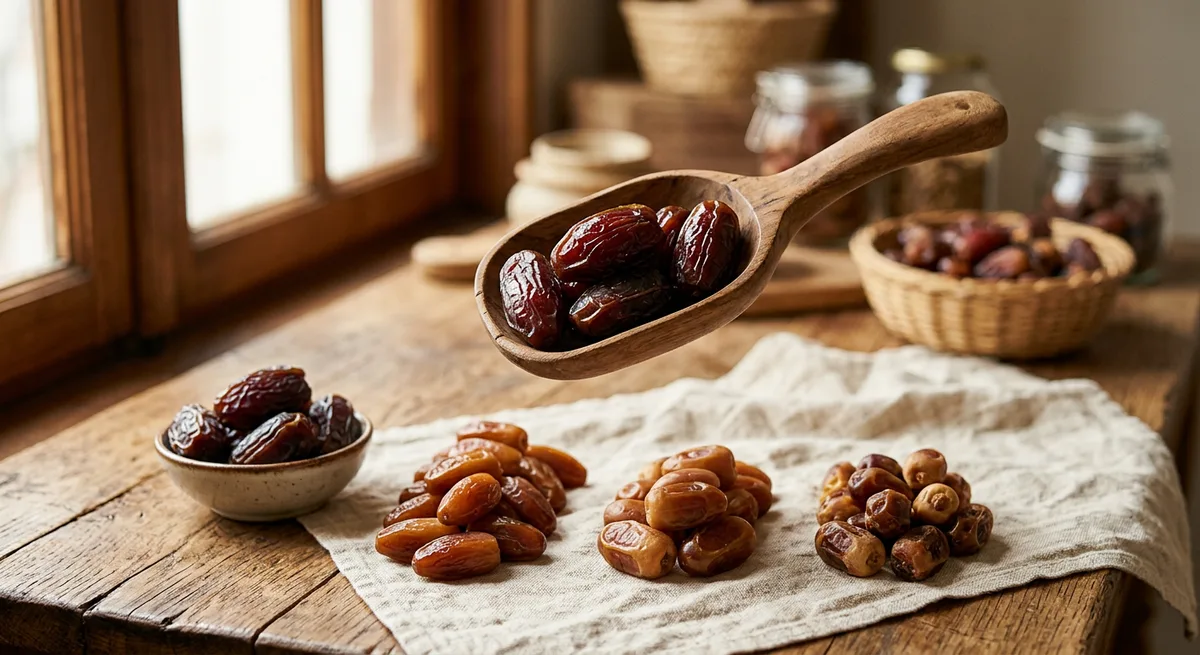 Sudu kayu berisi kurma Ajwa gelap di atas meja kayu dengan susunan kurma
