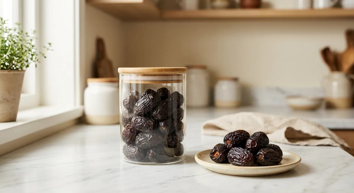 Balang kaca kedap udara berisi kurma di atas para dapur kayu