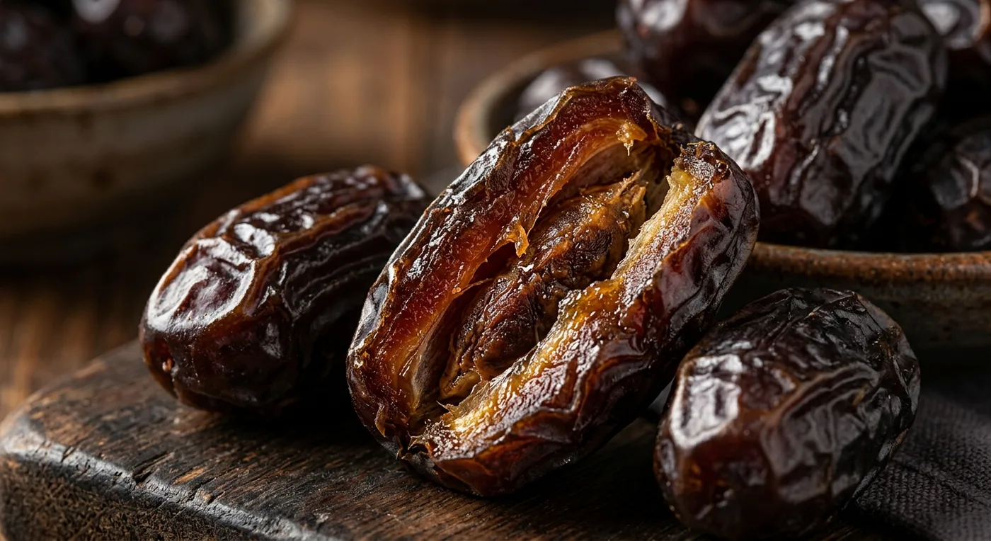 Tekstur kulit kurma Ajwa yang berkilat dan isi lembutnya dalam pandangan dekat