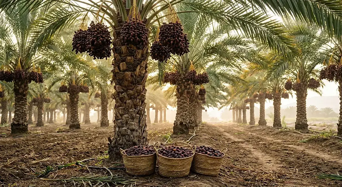 Berjejer pokok palma kurma dengan bakul anyaman penuh kurma di pangkalnya
