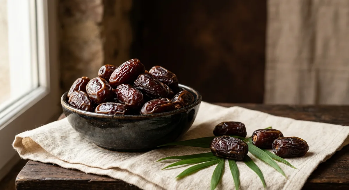 Hidangan kurma Ajwa premium dalam mangkuk seramik gelap di atas kain linen krim