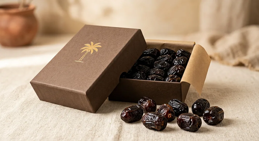 Kotak kraf 250g terbuka mempamerkan kurma Ajwa hitam berkilat